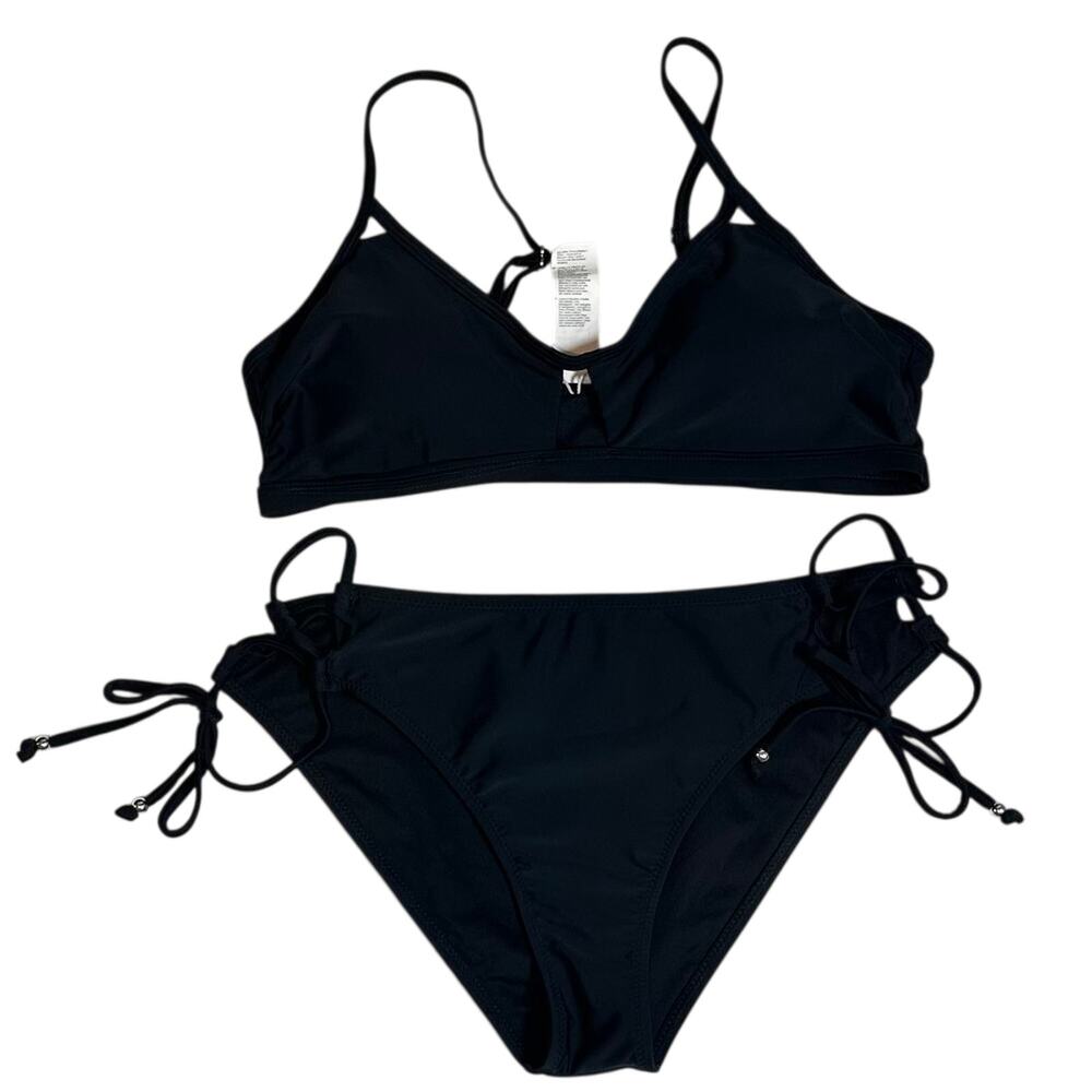 CUPSHE Women 2 Piece Swimsuit Size L Black V Neck Side Tie Bikini NWOT